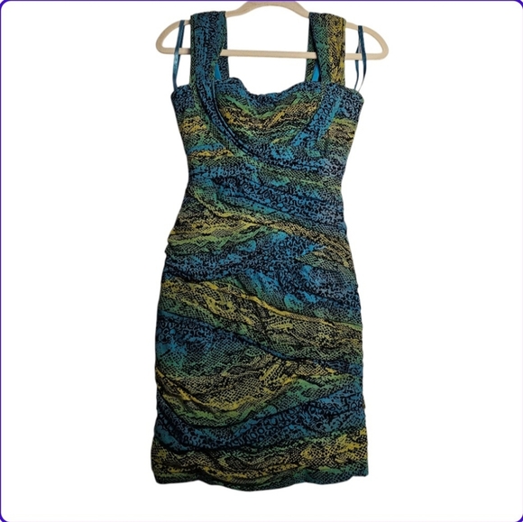 BCBG Max Azria - Blue, Turqouise, & Yellow Snakeskin Print Ruched Mesh Dress xxs - Picture 1 of 13